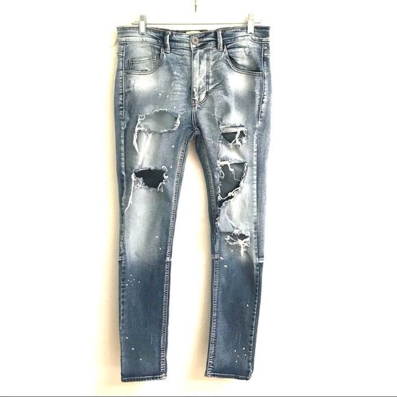 KDNK 11 4 14 11 painted & distressed light wash stretch denim jeans 32 - Picture 1 of 7